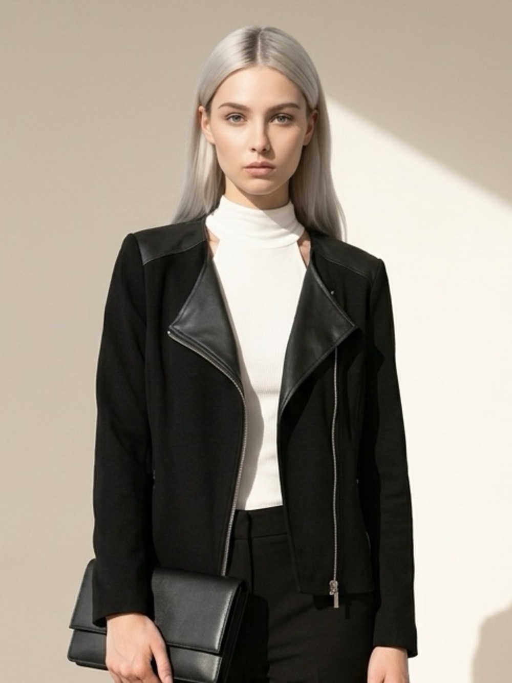 Rafaella Asymmetrical Zip Mixed Media Moto Jacket